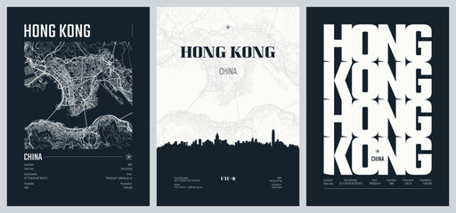 Set of travel posters with Hong Kong, detailed urban street plan city map, Silhouette city skyline, vector artwork, set 2 © max_776