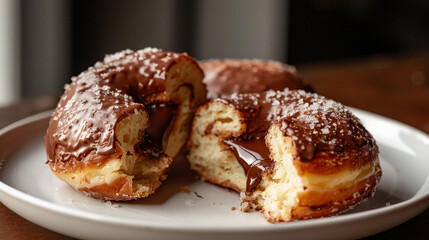 Chocolate-stuffed brioche donut cut in half, gooey center and rich dough perfect for artisan bakery branding and product launches