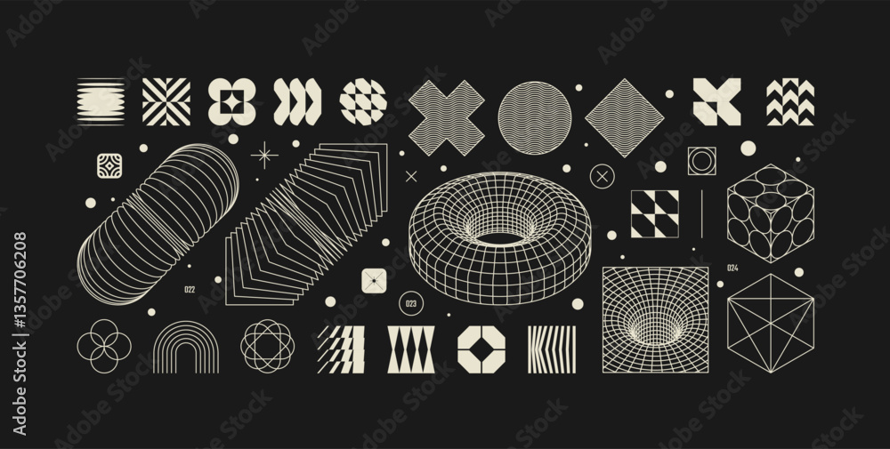 Fototapete vector graphic assets kit acid style, postmodern abstract geometric shapes with wireframe elements o