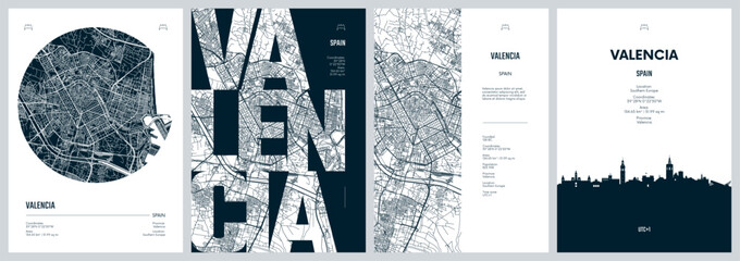Set of travel posters with Valencia, detailed urban street plan city map, Silhouette city skyline, vector artwork © max_776