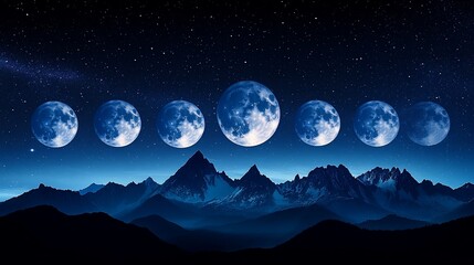 Moon phases over majestic, snow-capped mountains under a starry night sky