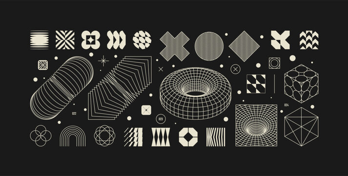Vector graphic assets kit acid style, Postmodern abstract geometric shapes with wireframe elements of different forms, Y2K trendy design in brutalism aesthetic, template symbols set 8