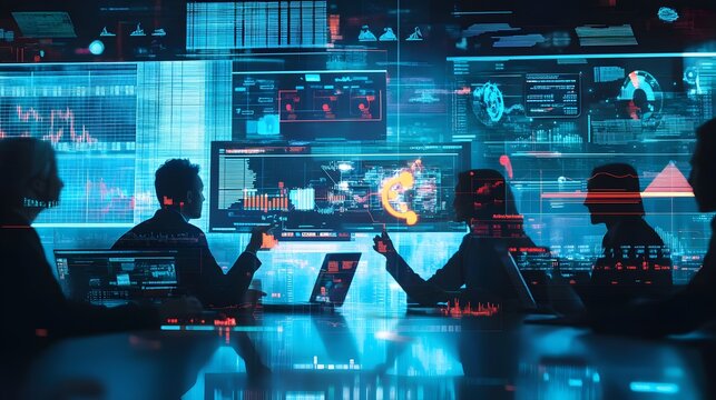 business team in the high-tech office analyze the data on multiple screens. Silhouette of people are collaborating in a futuristic control room.