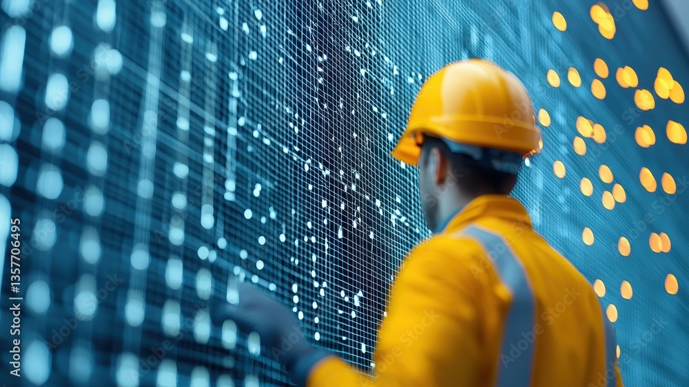 Poster engineering structural analysis. worker in hard hat interacting with digital data grid in a modern e