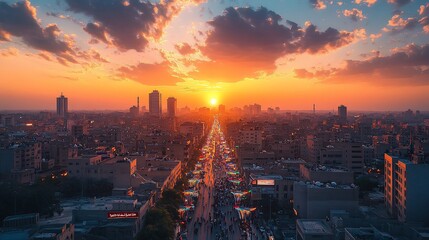 Naklejka premium Urban vista embraced by the vibrant warmth of a breathtaking sunset scene