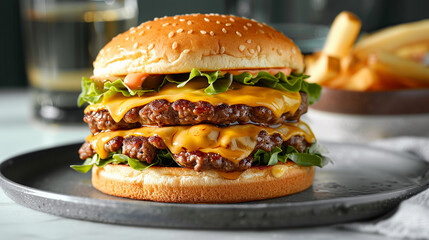Classic diner-style cheeseburger with melty cheese, beef patty, and golden bun, nostalgic presentation perfect for retro food branding