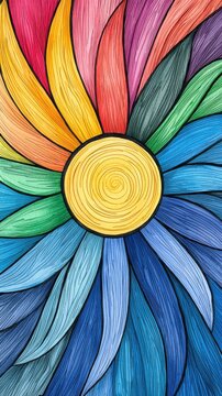 A Swirling Colorful Visualization of Plutchik's Emotion Wheel as a Flower with a Bright Sun Center Radiating Spectrum Colors