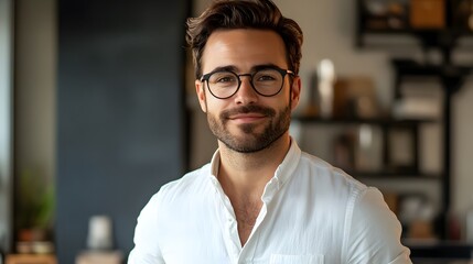 Obraz premium a portrait of a man with glasses and a warm smile, showcasing a confident and friendly presence