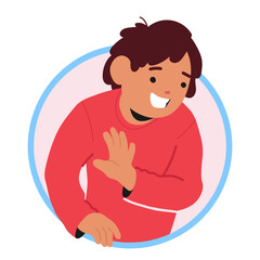 Smiling boy child cartoon character waving greeting gesture with hand peeking out of round frame