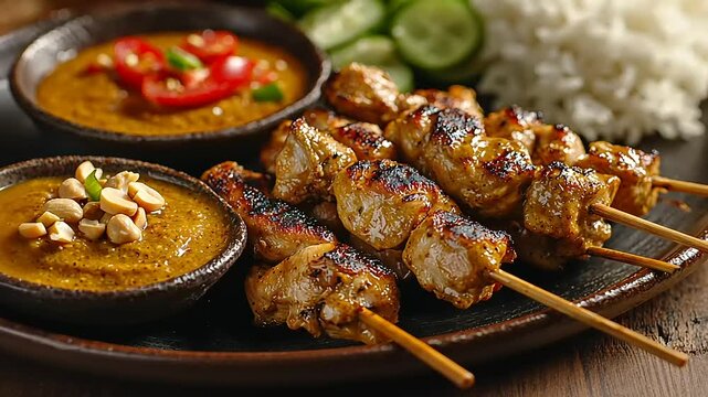 Delicious grilled chicken satay skewers served with peanut sauce, rice, cucumbers, and tomatoes.