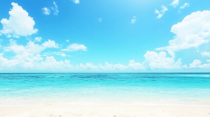 Fototapeta premium Idyllic beach scene with turquoise water and fluffy clouds.