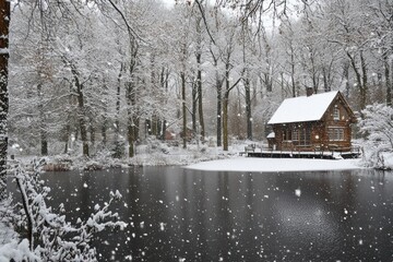 Snowy forest cabin by frozen pond