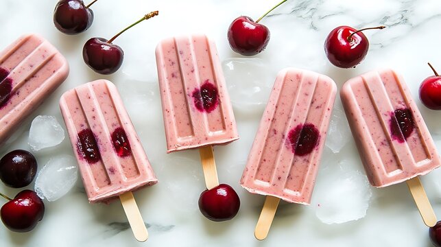 Homemade cherry popsicles on marble.