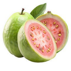Fresh green guavas, whole and sliced, showcasing juicy pink flesh and seeds, perfect for healthy snacking.