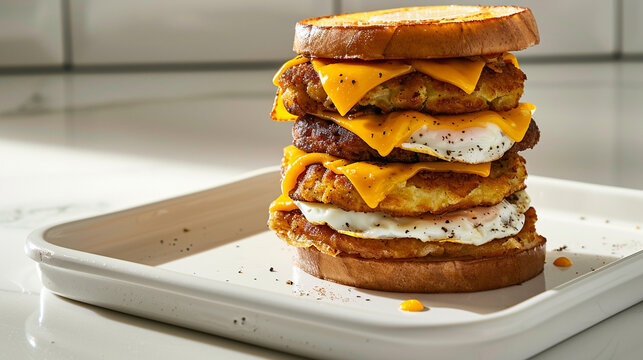 Crispy hashbrown patty breakfast sandwich with visible egg and cheese layers, savory morning meal concept perfect for diner or fast breakfast branding