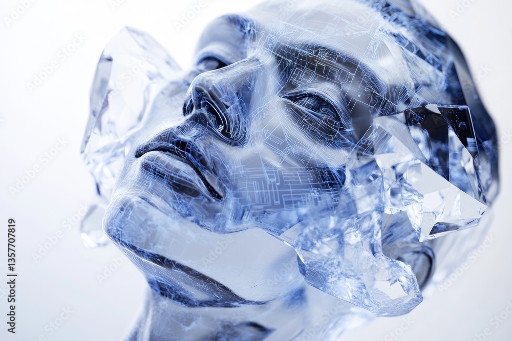 Poster a fragmented, crystalline face, overlaid with circuit patterns, evokes themes of artificial intellig