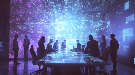 a meeting takes place around a large, technologically advanced table, with data visualizations displayed on the walls. The room is bathed in a futuristic glow