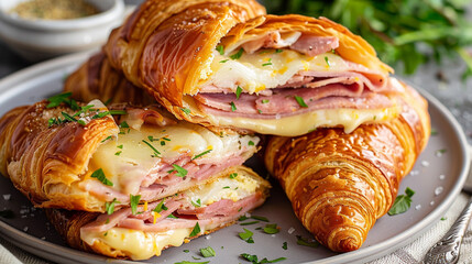 Croissant ham and cheese melt sliced and layered, melted Swiss and golden pastry for deli menu marketing and warm sandwich visuals