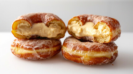 Double-stuffed cream-filled donuts cut open, showing rich filling ideal for bakery ads, donut shop visuals and food influencer content