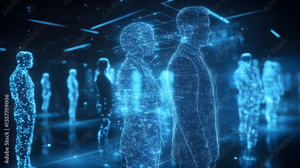Poster digital representation of several people in a futuristic digital setting, possibly representing tech