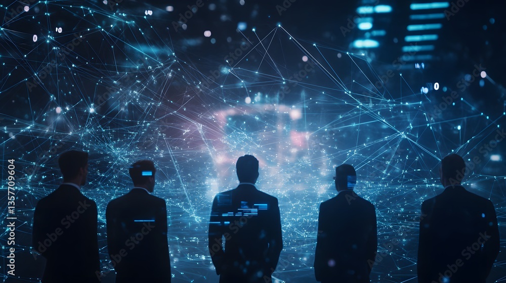 Poster a group of people are facing towards the display of an intricate network