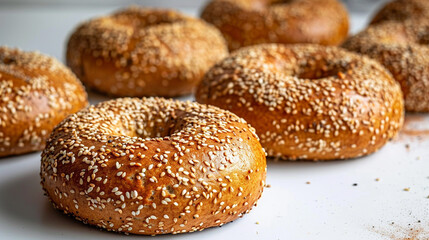 Freshly baked sesame bagels in a row on a tray, golden crust with seed texture ideal for bagel shop marketing and breakfast delivery visuals