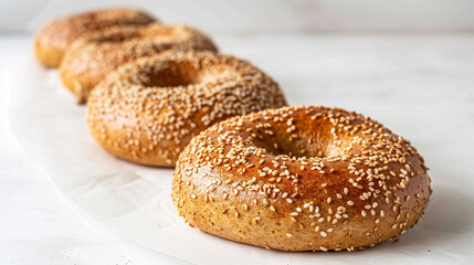 Freshly baked sesame bagels in a row on a tray, golden crust with seed texture ideal for bagel shop marketing and breakfast delivery visuals