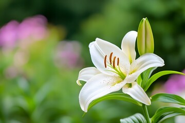 Obraz premium Vibrant white lily blooming in a lush green natural setting
