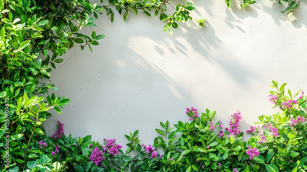 Poster green leafy vines on white wall with soft shadows creating minimal nature inspired background for mo