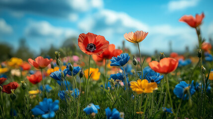 Obraz premium Vibrant wildflowers bloom under a bright sun on a tranquil spring day, painting the landscape in rich colors of red, orange, blue, and yellow