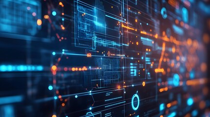 a dynamic, futuristic digital interface, illuminated with glowing lines and data streams. The composition creates a sense of advanced technology and complex interconnected systems.