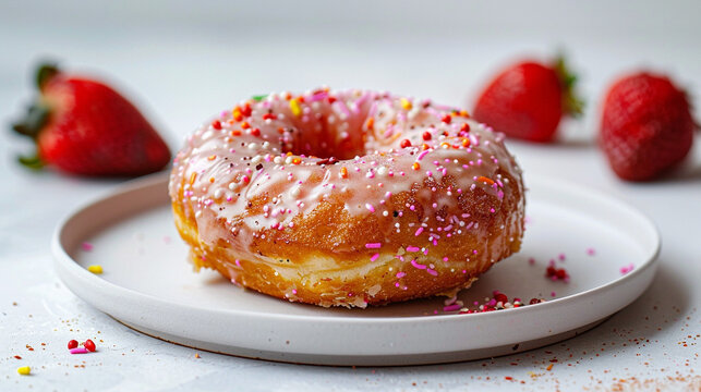 Glazed strawberry donut with sprinkles, vibrant pink glaze perfect for dessert ads, kids menus and sweet food photography