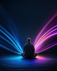 Fototapeta premium Quantum soul frequency, Spiritual monk meditating on AI lotus with rainbow energy and digital enlightenment landscape