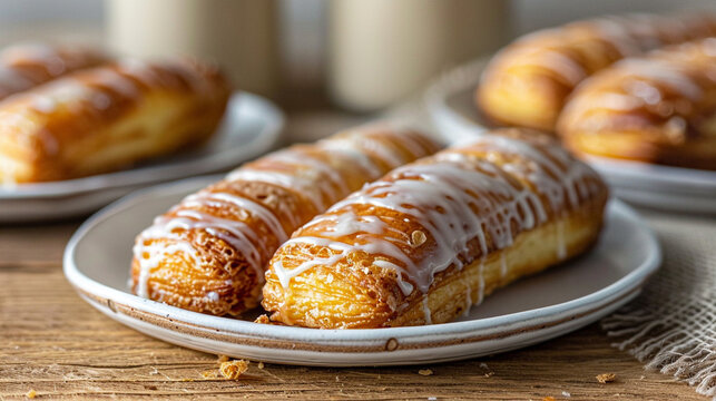 Golden French cruller with vanilla glaze, ridged doughnut texture ideal for premium pastry menus and artisanal donut shop branding