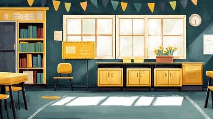 Sunny Classroom Illustration: A cheerful and inviting classroom scene, perfect for educational projects or children's books.