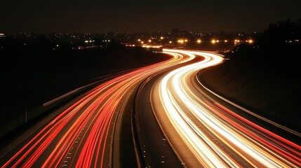 Night highway lights streaks.  A long exposure photograph captures the trails of car headlights on a winding highway at night, highlighting the movement and speed of traffic. 