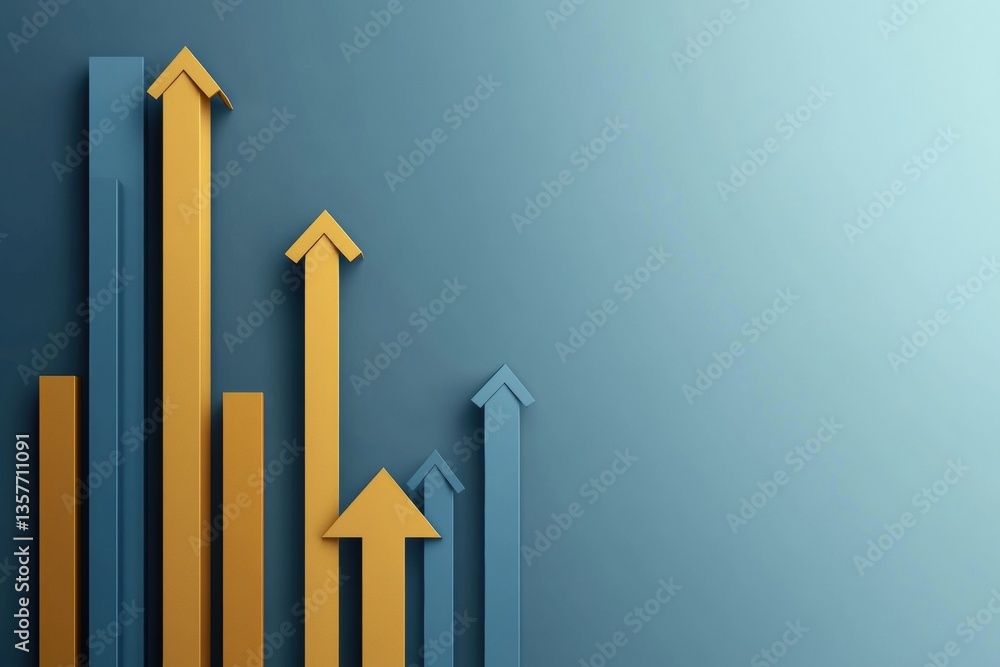 Poster Modern business concept with layered paper cut bar charts and arrows symbolizing growth in gold and blue colors Generative AI