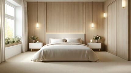 A minimalist bedroom with light oak wood paneling and a soft neutral color palette