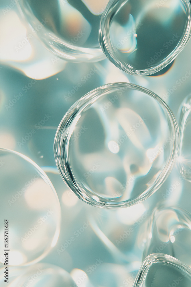 Poster Transparent Bubbles: A captivating macro shot showcasing an array of glistening, transparent bubbles, each reflecting and refracting light, creating a mesmerizing display.