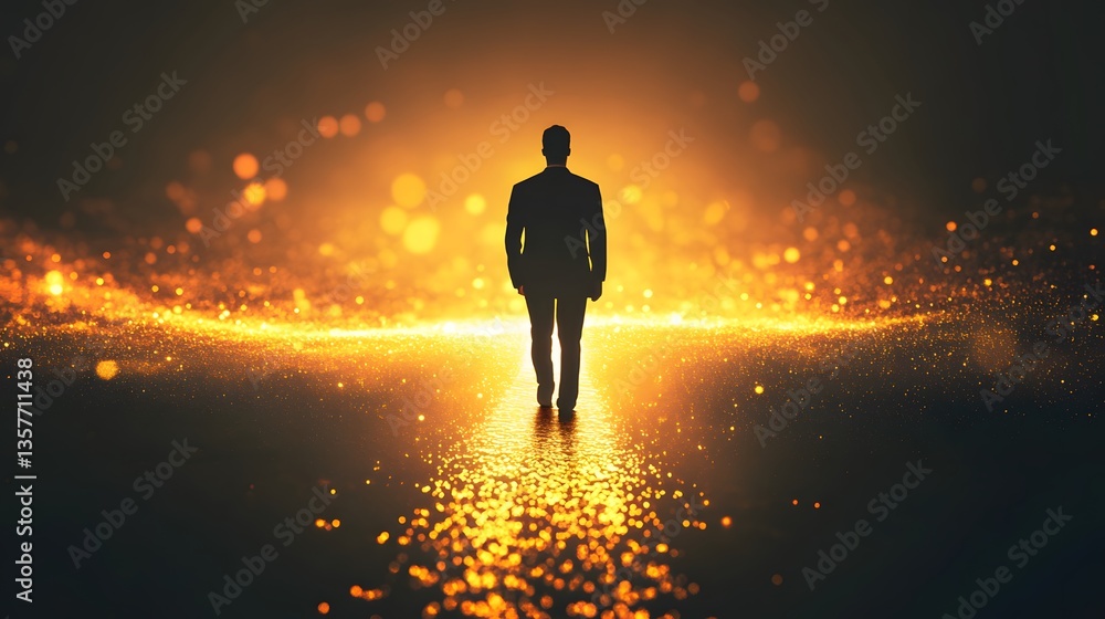 Poster a silhouette of a man walking forward on a path of light, with a bright background creating a sense 