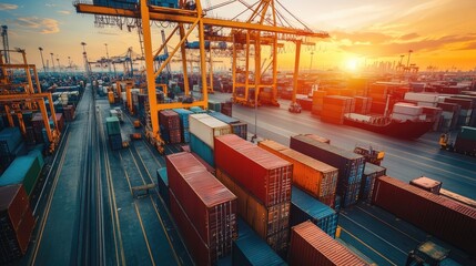 Sunset at the bustling Container Port: Global Trade and Logistics