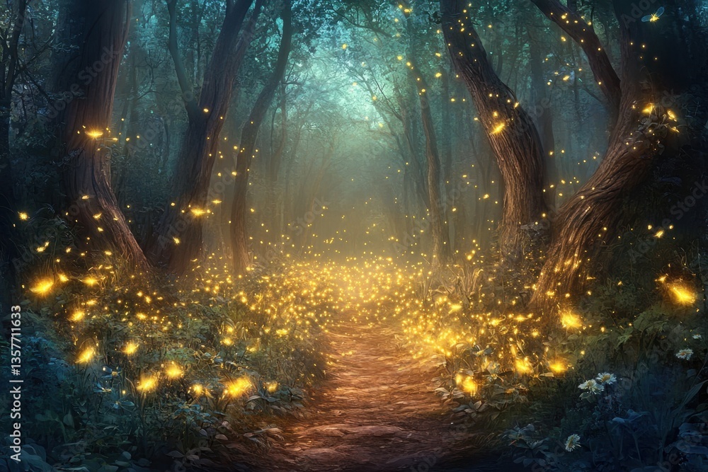 Poster this photo showcases a dense forest illuminated by countless yellow fireflies a whimsical display of