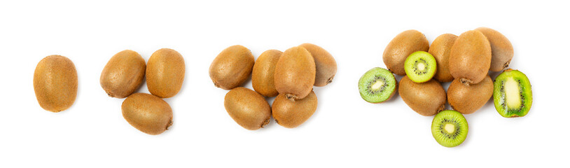 Kiwi isolated on white background. Whole fruit and slices pieces of kiwi on white background. fresh ripe juicy kiwi. Tropical fruit. Organic fruit.