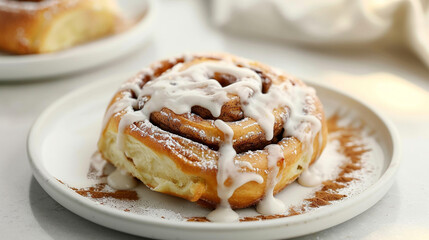 Hot cinnamon roll with thick icing on top, warm swirls perfect for bakery ads, cozy dessert campaigns and breakfast menus