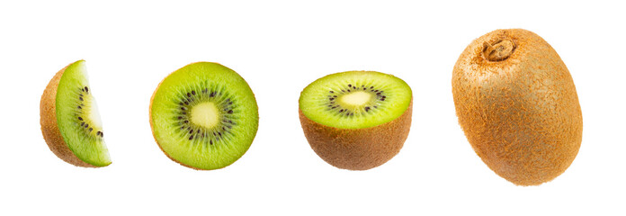 Fototapeta premium Kiwi isolated on white background. Whole fruit and slices pieces of kiwi on white background. fresh ripe juicy kiwi. Tropical fruit. Organic fruit.