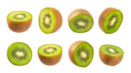 Fototapeta premium Kiwi isolated on white background. Whole fruit and slices pieces of kiwi on white background. fresh ripe juicy kiwi. Tropical fruit. Organic fruit.