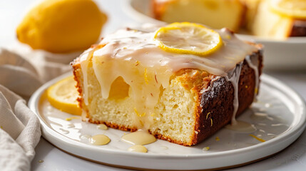 Lemon loaf slice with lemon glaze dripping, moist texture ideal for bakery product visuals, dessert menus and springtime ads