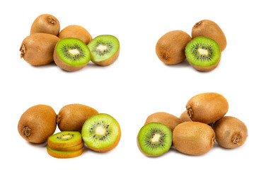 Kiwi isolated on white background. Whole fruit and slices pieces of kiwi on white background. fresh ripe juicy kiwi. Tropical fruit. Organic fruit.