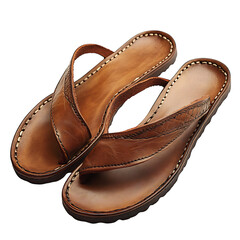 A Pair of Classic Brown Leather Sandals Isolated on Transparent Background