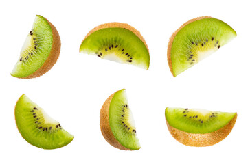 Kiwi isolated on white background. Whole fruit and slices pieces of kiwi on white background. fresh...